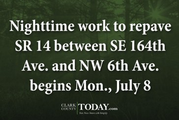 Nighttime work to repave SR 14 between SE 164th Ave. and NW 6th Ave. begins Mon., July 8