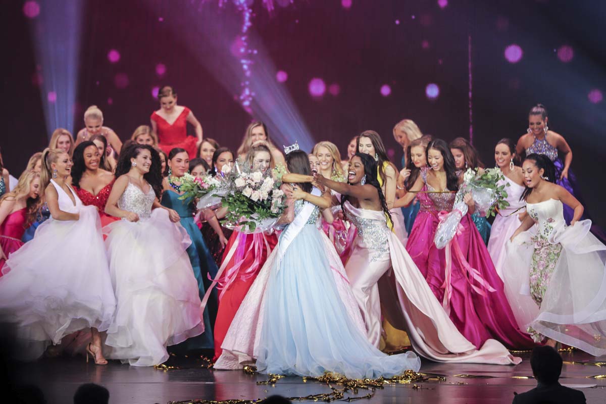 Skyview High School senior Payton May is shown here being swarmed by her fellow contestants at the Miss America’s Outstanding Teen competition. Photo provided to ClarkCountyToday.com through social media