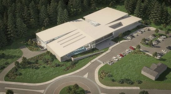 An aerial rendering of the proposed 78,000-square-foot community aquatics center design. Photo courtesy of the City of Camas