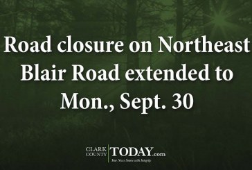 Road closure on Northeast Blair Road extended to Mon., Sept. 30