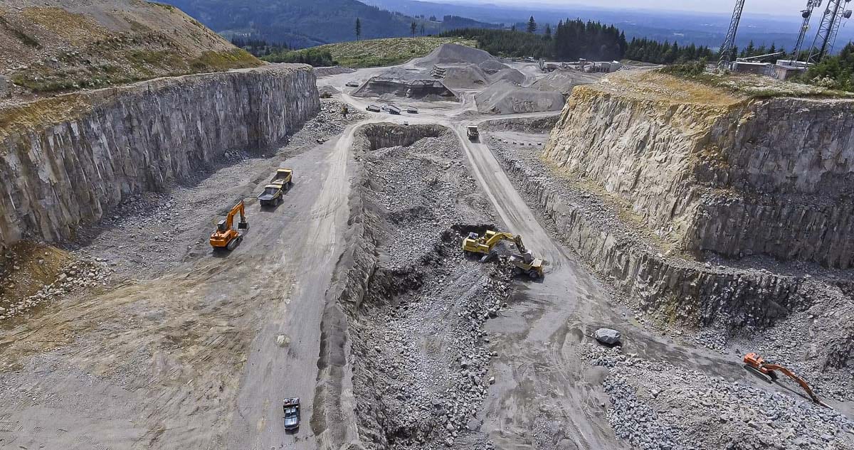 An aerial view of Yacolt Mountain Quarry taken in July 2019 shows the main mining operations preparing for a blast. Photo by Jacob Granneman