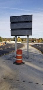 Travelers on eastbound State Route 14 will now encounter a new electronic advanced warning sign as they approach the newly built 32nd Street roundabout in Washougal. Photo courtesy of Washington State Department of Transportation