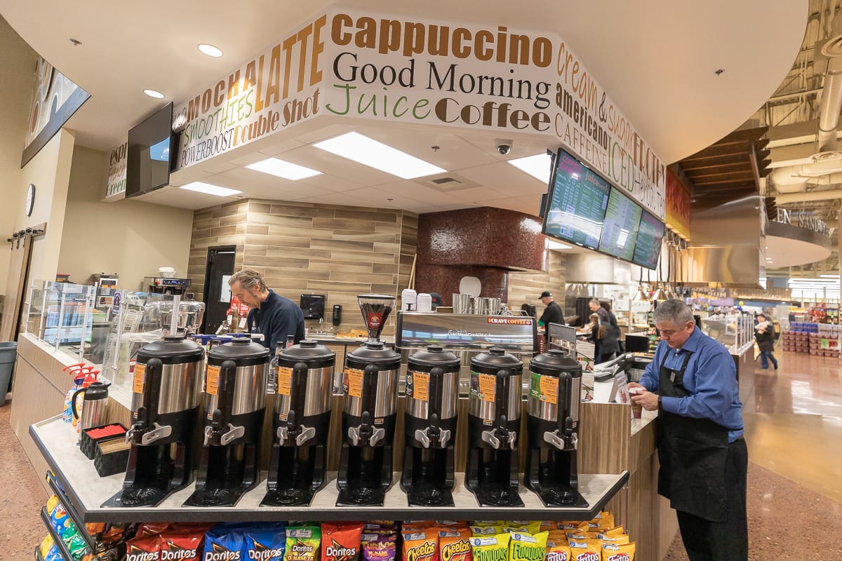 A full-service coffee bar is one of the many amenities awaiting shoppers at the new Rosauers Supermarket in Ridgefield. Photo by Mike Schultz