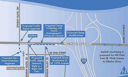 Shown here is the project area for the East Mill Plain Boulevard/104th Avenue improvement project (approximately SE 104th Avenue to SE Chkalov Drive). Graphic courtesy of city of Vancouver