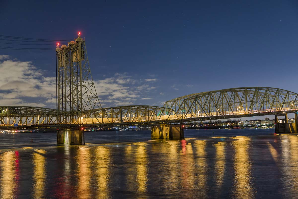 The Interstate 5 Bridge at night. Photo by Jacob Granneman