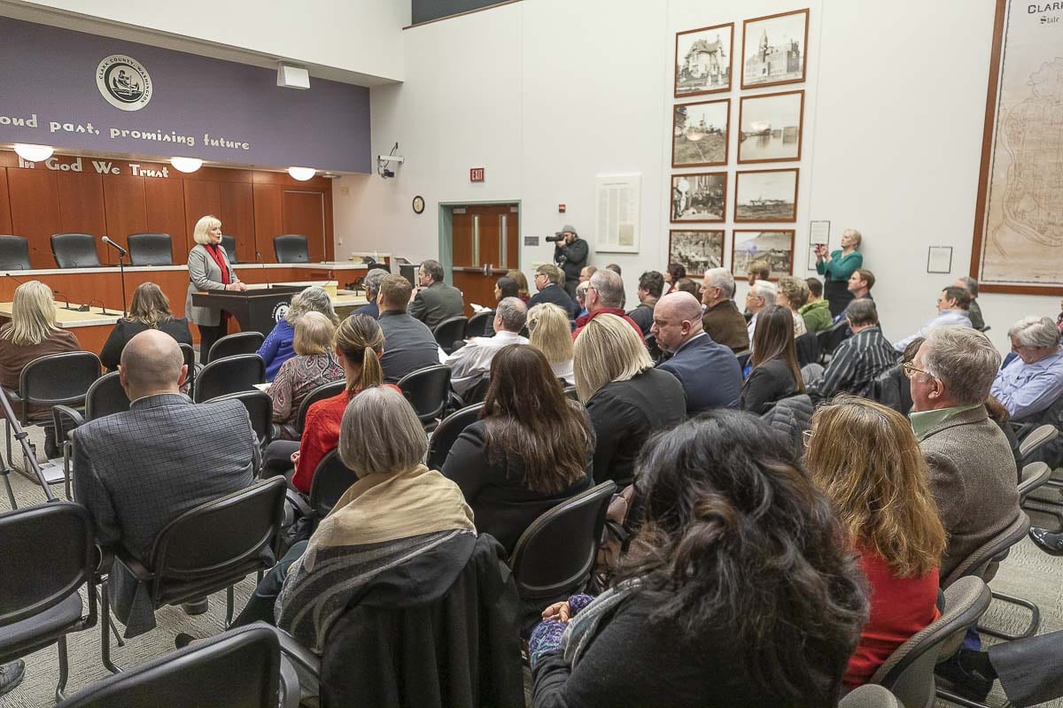Clark County Council Chair Eileen Quiring addresses the crowd gathered at the 2019 State of the County address. This year’s event is scheduled for Wed., March 11. Photo by Mike Schultz