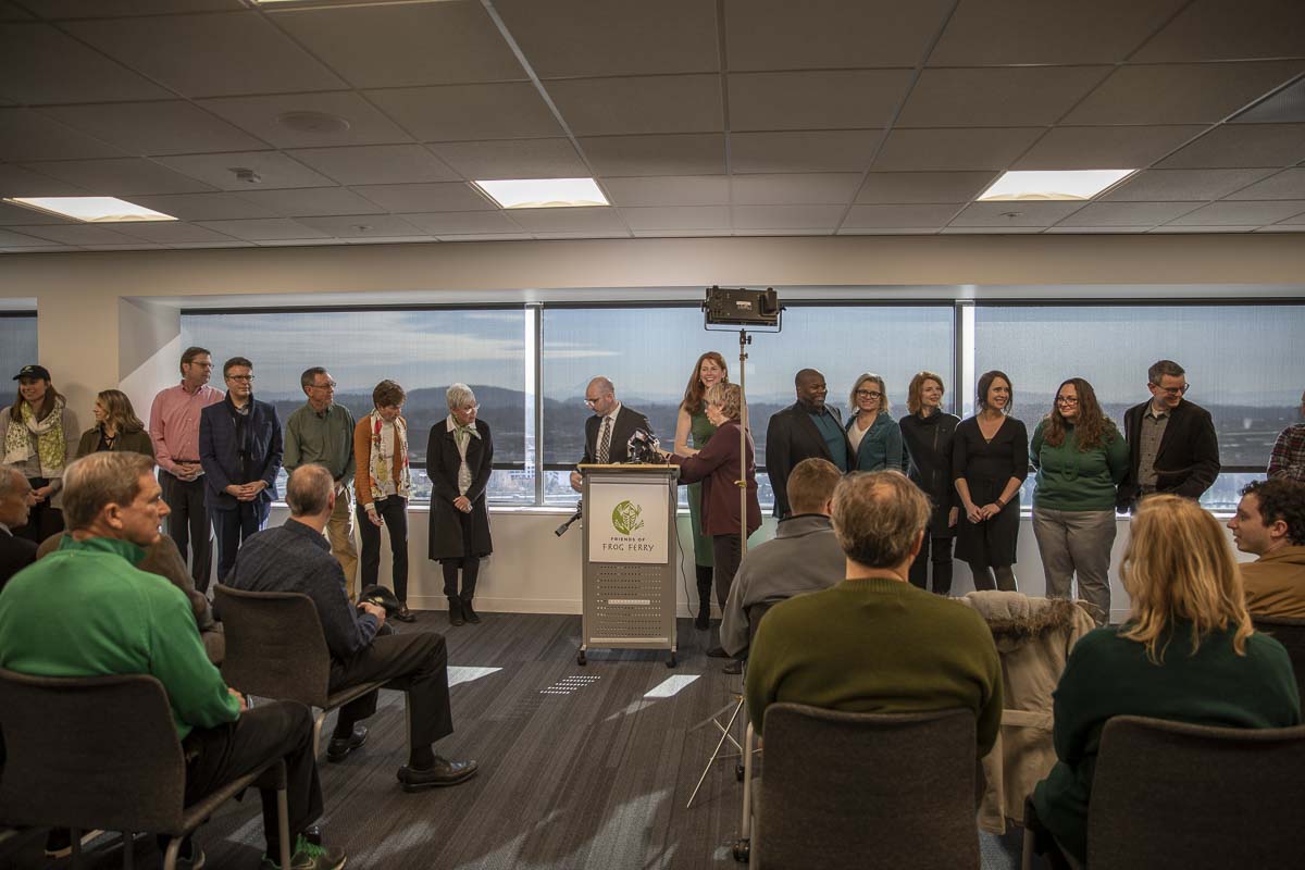 Friends of Frog Ferry (FFF) stakeholders, supporters, researchers, and Portland-Vancouver community members, gathered with the media for FFF’s second press conference in Portland. Photo by Jacob Granneman