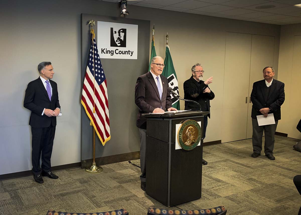 Washington Gov. Jay Inslee speaks at a press conference on March 16. Photo courtesy Gov. Jay Inslee’s office