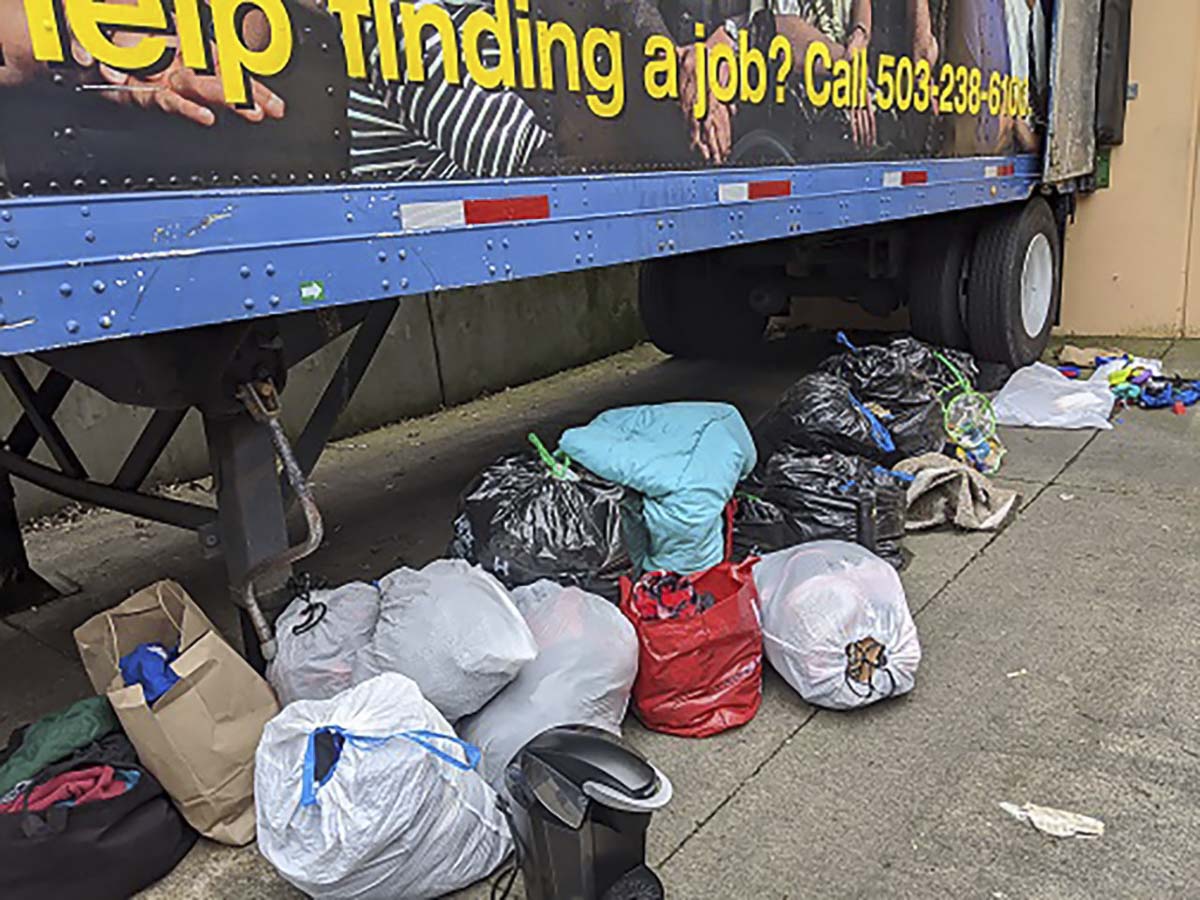 Donations left outside a Goodwill store in Hazel Dell will go uncollected during the shutdown ordered by Gov. Jay Inslee. The retailer is asking people to please hold onto donations for now. Photo courtesy Goodwill Industries of the Columbia Willamette