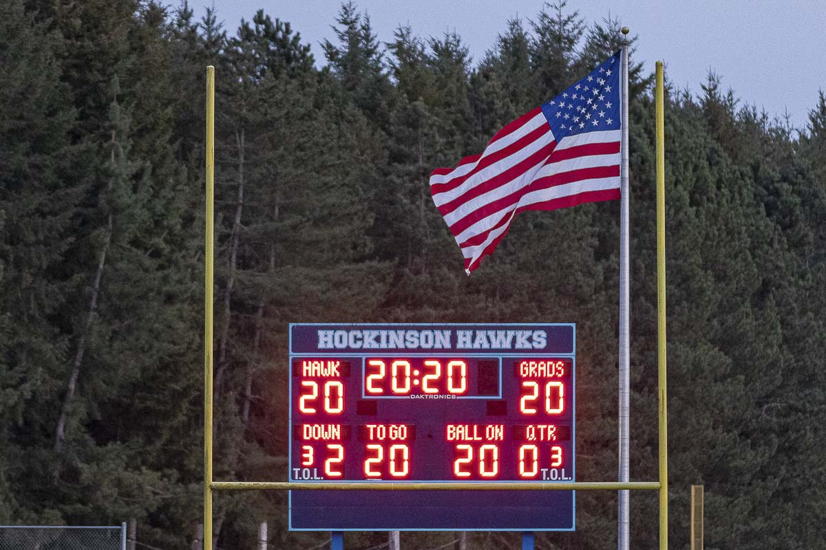 Hockinson High School, and many other schools in the area, lit up their scoreboards to honor the Class of 2020 on Friday night. Photo by Mike Schultz