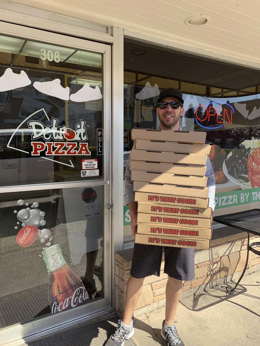 Jevon Domench prepares to deliver pizzas from Detroit Pizza in Battle Ground to nurses at Legacy Salmon Creek. Photo courtesy Jevon Domench
