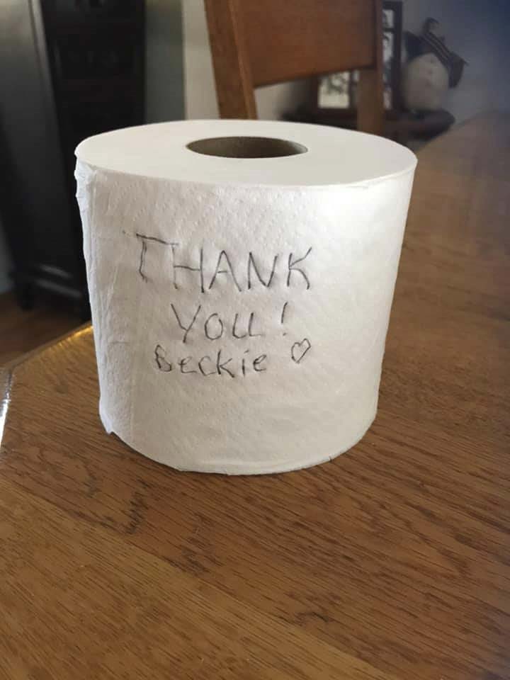This roll of toilet paper was left as a thank you for Bette Ford by a member of a Facebook group she started to connect people with hard to find items. Photo courtesy Bette Ford