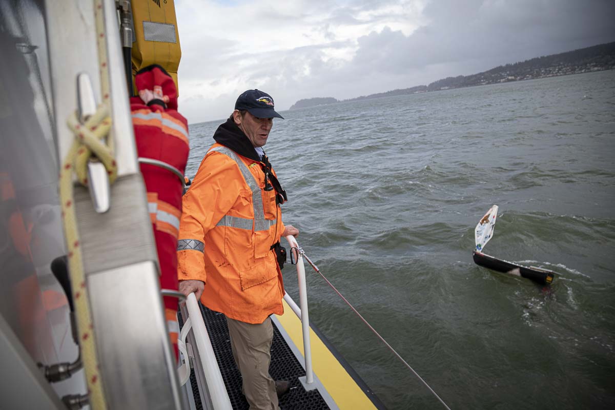 Columbia River bar pilots can be seen here doing sea trials with the S/V Liberty mini-boat in Astoria back in January. Photo by Jacob Granneman