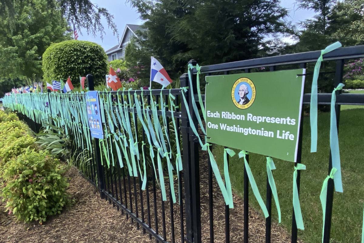 More than 1,000 green ribbons now line the fence around Jim and Ceci Mains’ Vancouver home. One for each victim of COVID-19 in Washington state. Photo courtesy Jim Mains