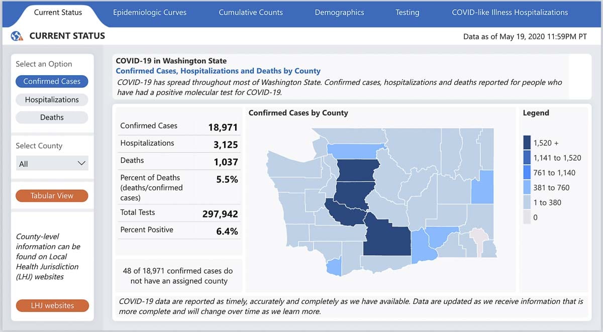 A screenshot of the Department of Health website’s COVID-19 dashboard up-do-date as of May 21. Photo from Washington state DOH