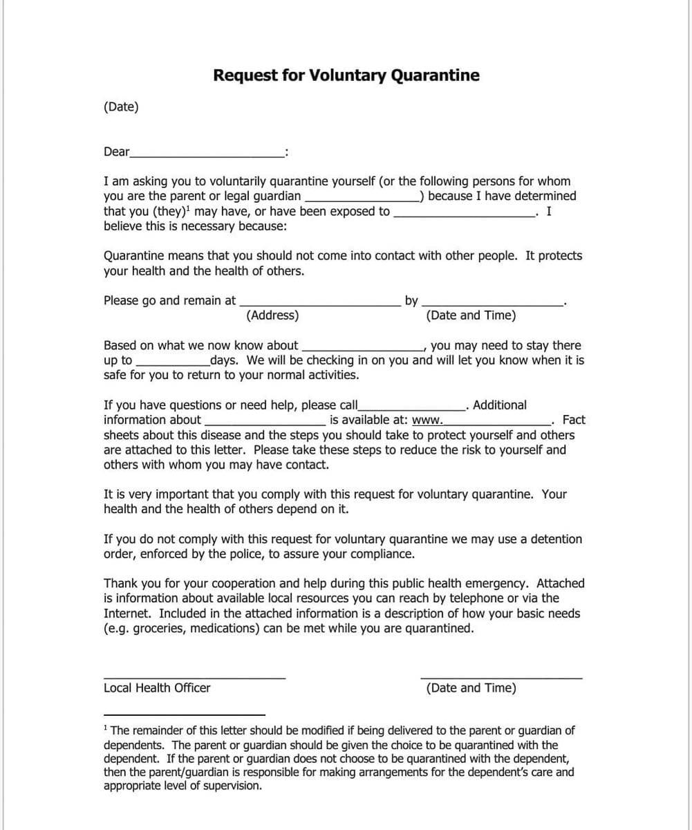 A quarantine request form available from the Washington Department of Health is shown here.