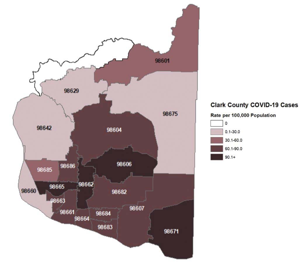 This map shows which zip codes have had the highest number of COVID-19 cases, based on population. Image courtesy Clark County Public Health