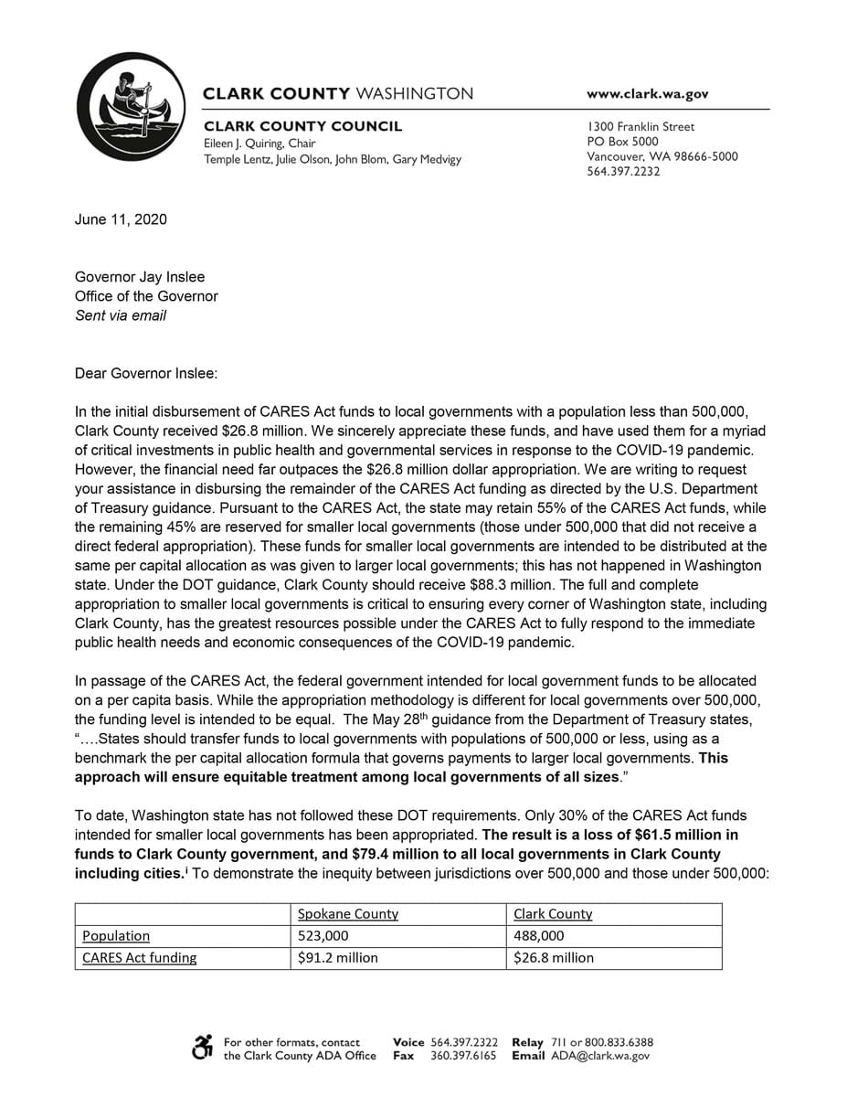 This letter to Washington Gov. Jay Inslee from the Clark County Council on June 11 alleges CARES Act funding is being withheld from smaller governments. Similar letters were sent to state legislators and the state’s congressional delegation. Letter courtesy Clark County Council
