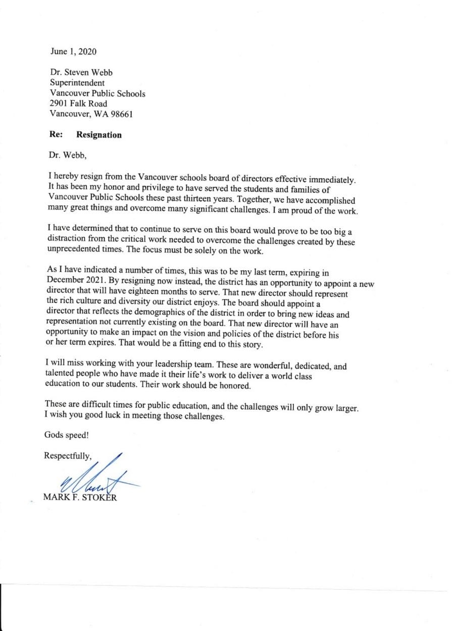 Long-time member of the Vancouver Public Schools’ Board of Directors, Mark Stoker, resigned Monday after he was criticized for a comment he made over the weekend on Twitter.