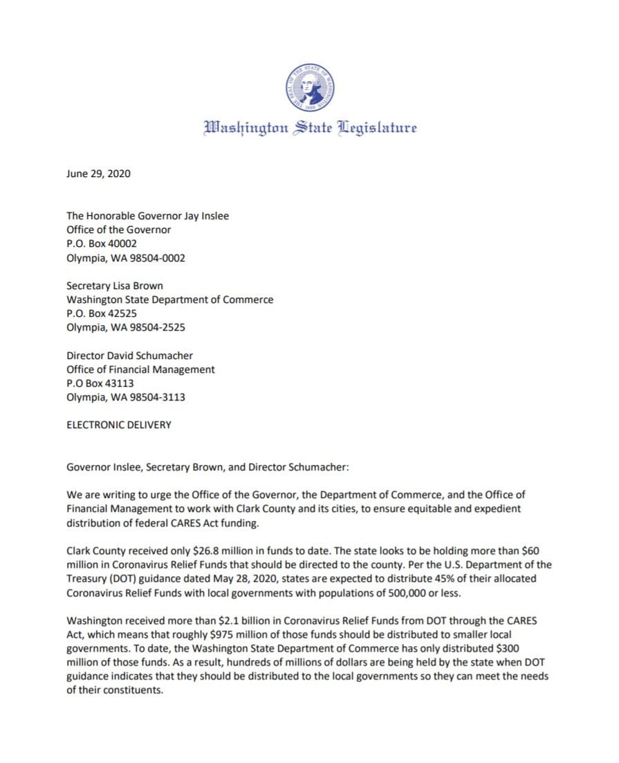 Rep. Vicki Kraft, of the 17th Legislative District in Vancouver, penned a letter requesting more details on allegations Washington state withheld CARES Act funding meant for local governments.