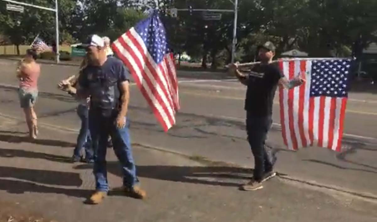 A group of protestors, including Patriot Prayer’s Joey Gibson, rally outside of the Clark County Public Health building on Thursday. Screenshot from People’s Rights Washington Facebook livestream