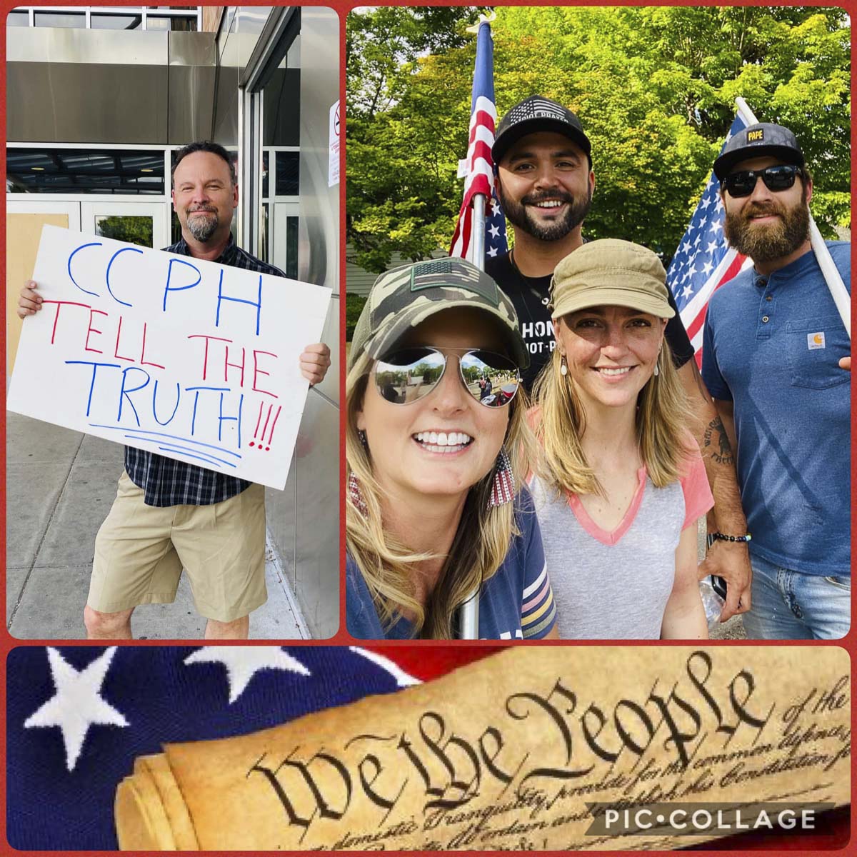 Rob Anderson (left) poses with a sign outside of the Clark County Public Health building at a Thursday protest. Also pictured are Kelli Stewart and Joey Gibson. Photo via Facebook