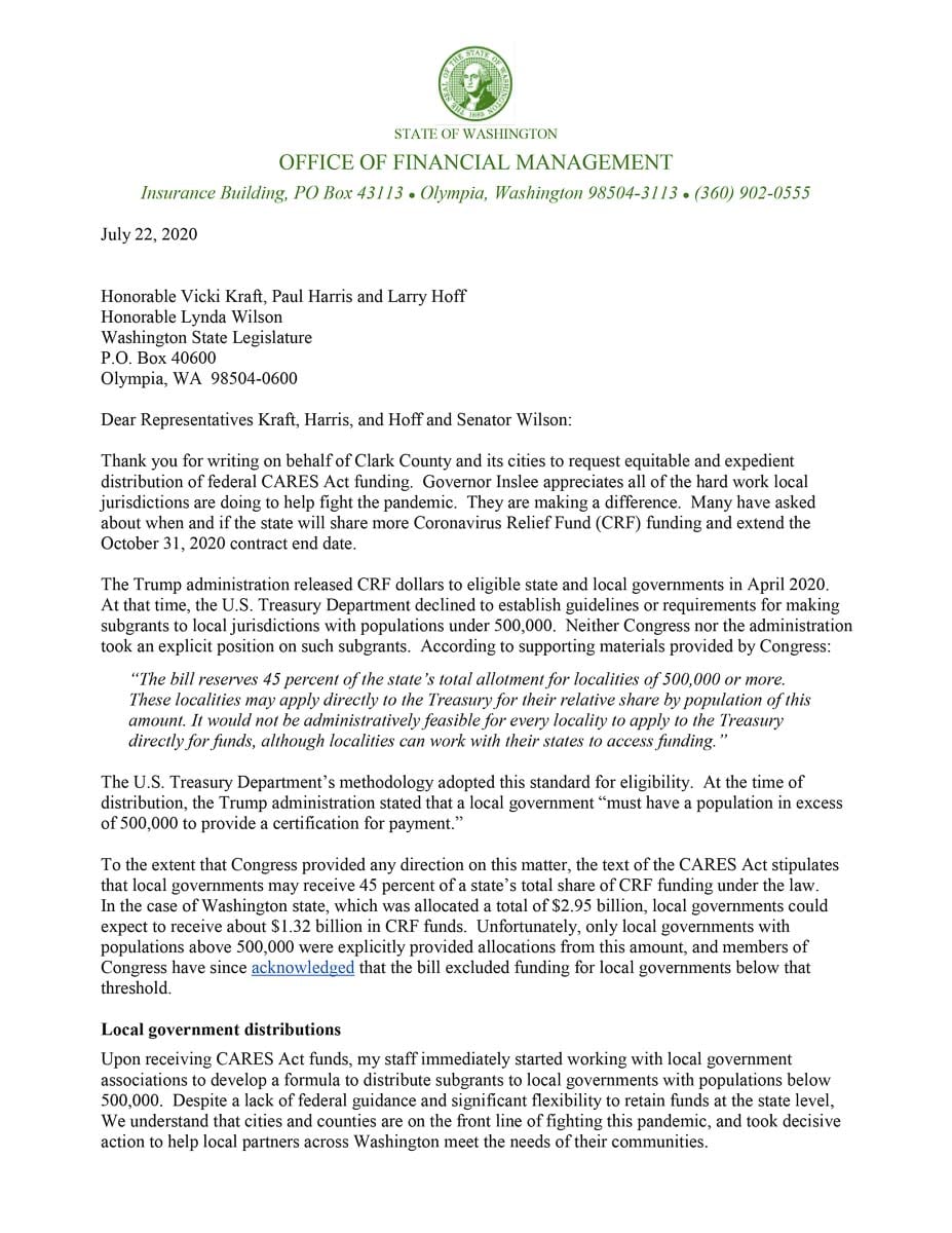 A letter from OFM Director David Schumacher outlines updates to the state’s distribution of CARES Act funding to local governments. Courtesy Washington Office of Financial Management