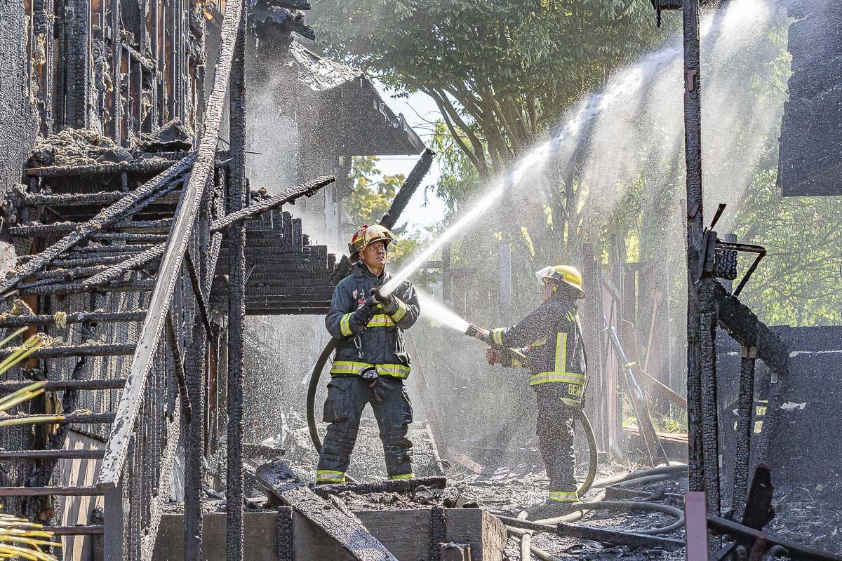 Vancouver Fire Department and Clark County Fire District 6 crews responded to a two-alarm fire Friday morning in Vancouver. Photo by Mike Schultz