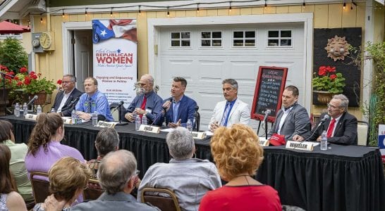 The seven Republican candidates for governor debate at Shangri-La Farms in Camas on Thursday. Photo by Mike Schultz