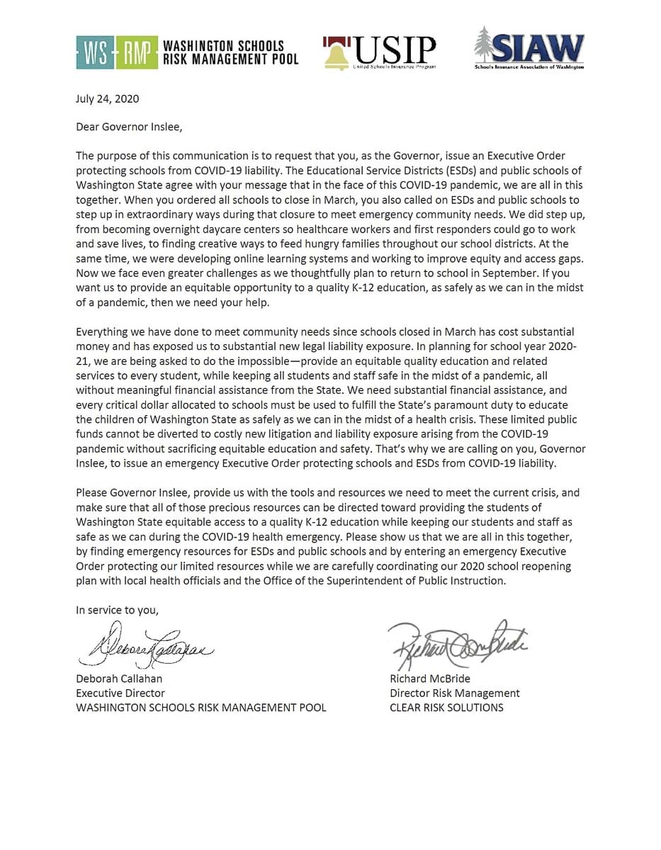 A large number of school superintendents from around Washington state, including four from Clark County, recently signed a letter sent to Gov. Jay Inslee asking for the governor to issue an Executive Order protecting schools from COVID-19 liability.