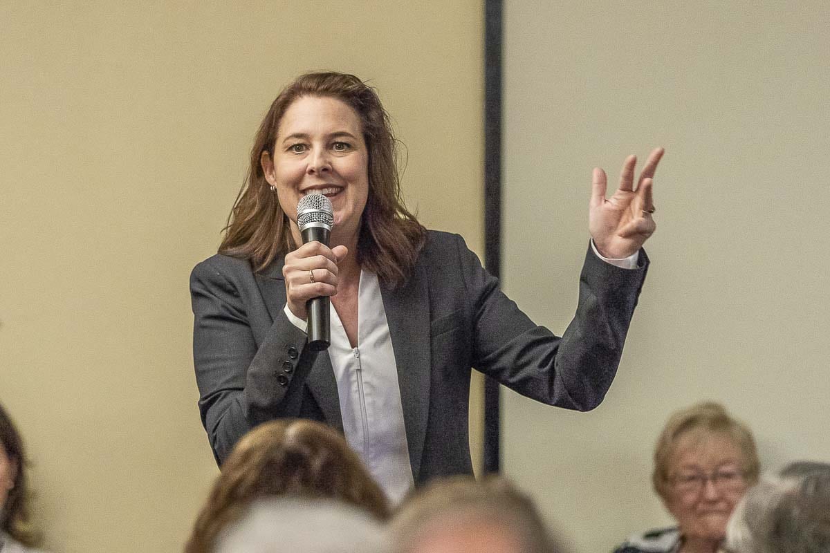 WSU Professor Carolyn Long is shown here at a Woodland Chamber of Commerce debate in 2018. This year she will again face off against Congresswoman Jaime Herrera Beutler for the 3rd Congressional District. Photo by Mike Schultz