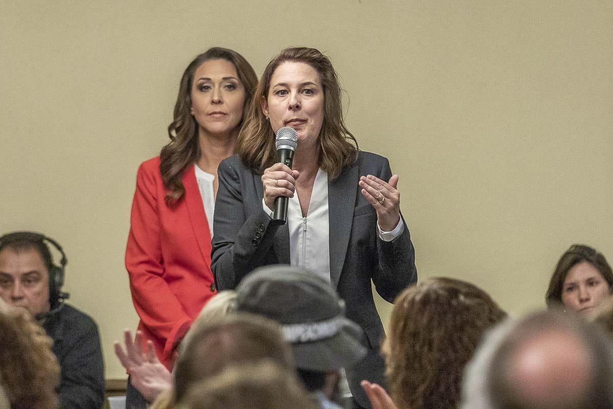 Rep. Jaime Herrera Beutler and Carolyn Long during a debate at the Woodland Chamber of Commerce in 2018. The two will square off again this November in a race for the 3rd Congressional District. Photo by Mike Schultz