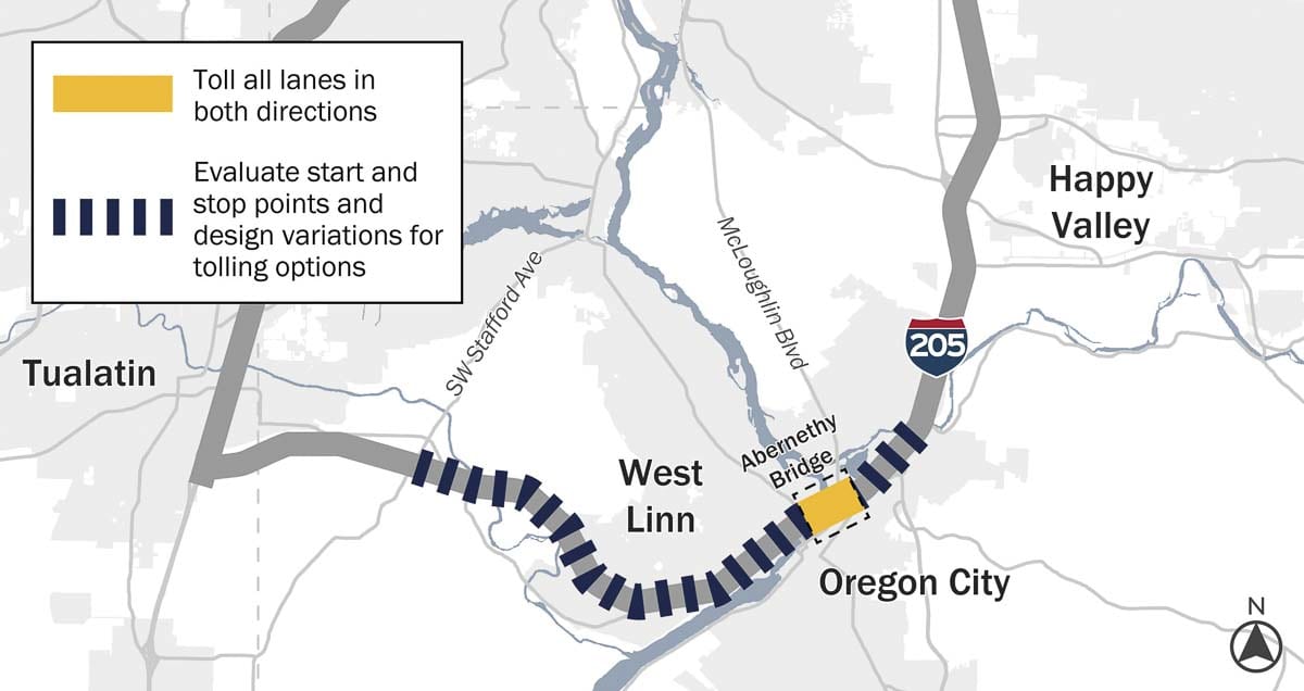 This image shows the planned area for tolling on I-205 in Oregon. Image courtesy Oregon Dept. of Transportation