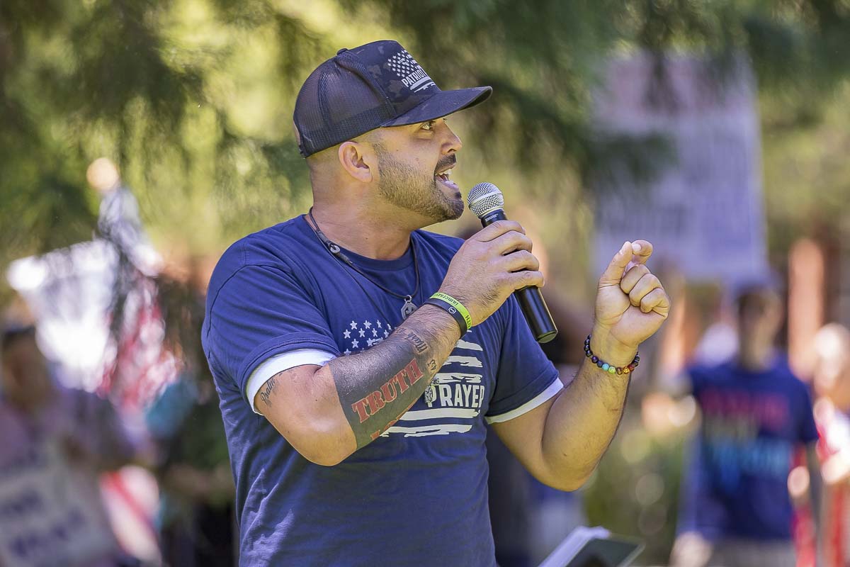 Patriot Prayer leader Joey Gibson speaks during a rally against a mask requirement held in Vancouver on June 26, 2020. Photo by Mike Schultz