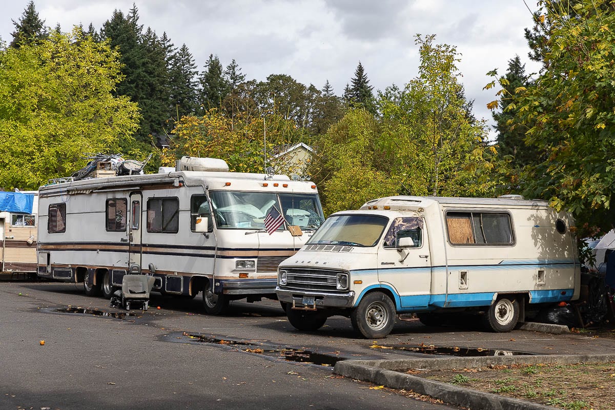 A parking lot at Leverich Park is full of campers and RVs, but it is not a designated save parking zone. Photo by Mike Schultz