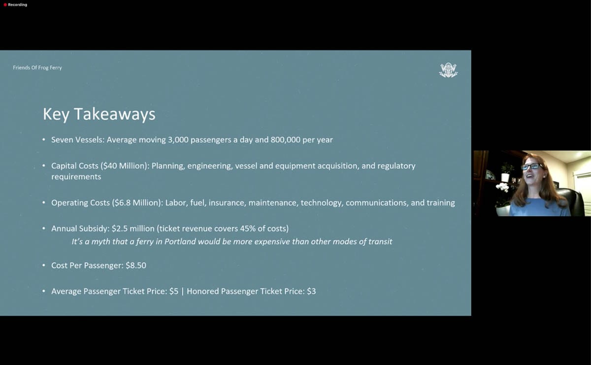 A screenshot of some key takeaways from the latest feasibility study for Frog Ferry is seen during a Zoom Call press conference with founder Susan Bladhom. Photo courtesy of FFF