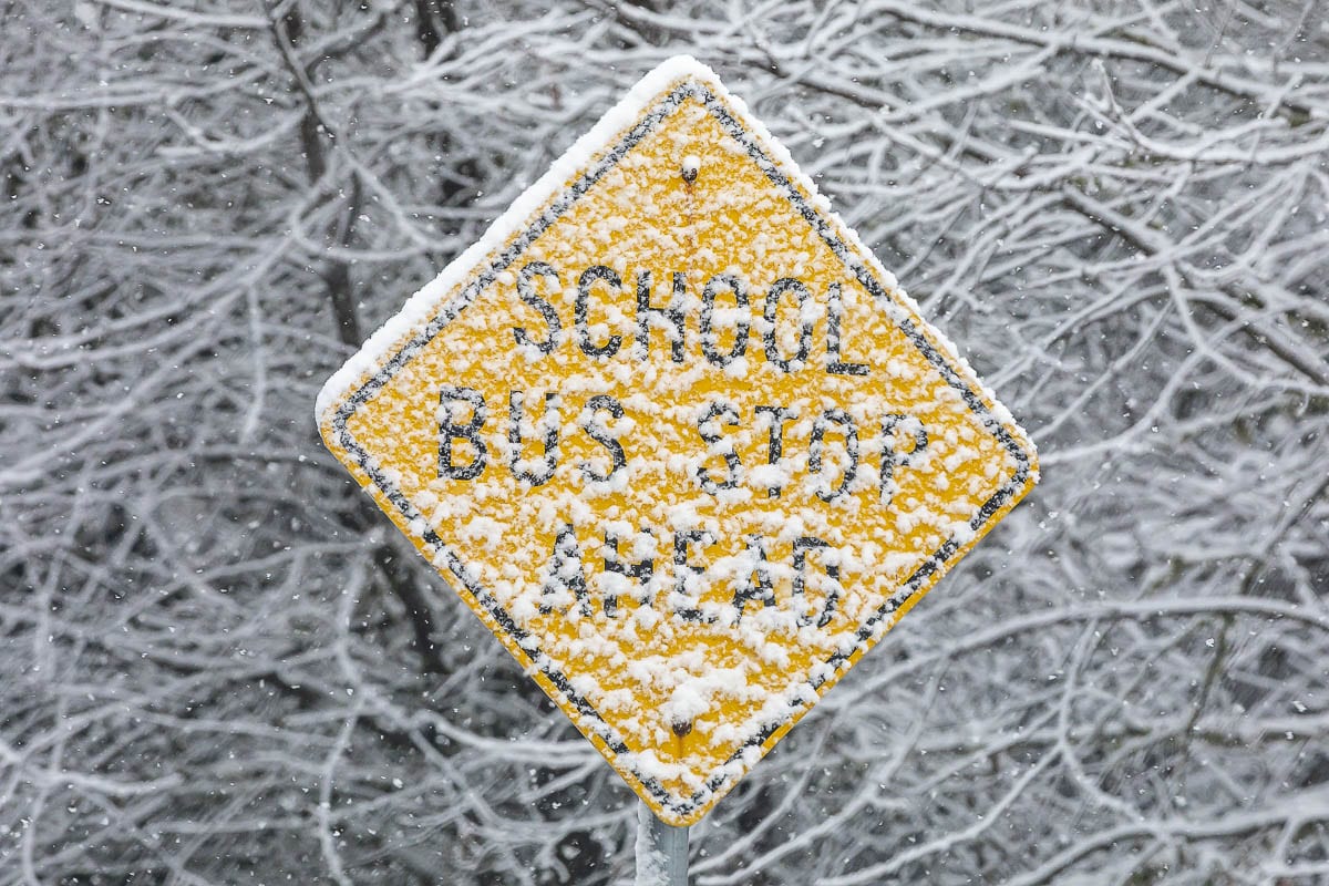 Snow covers a bus stop sign near Yacolt in March of 2020. Photo by Mike Schultz
