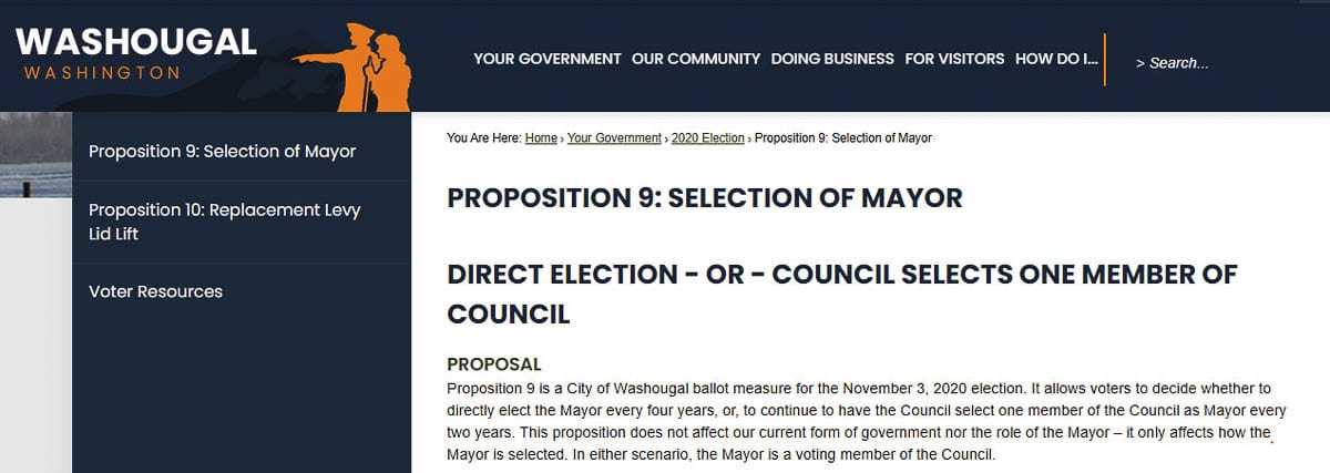 Washougal voters will decide on how the Mayor is selected, via Proposition 9. They will also vote on a Fire/EMS levy via Proposition 10. Graphic courtesy city of Washougal
