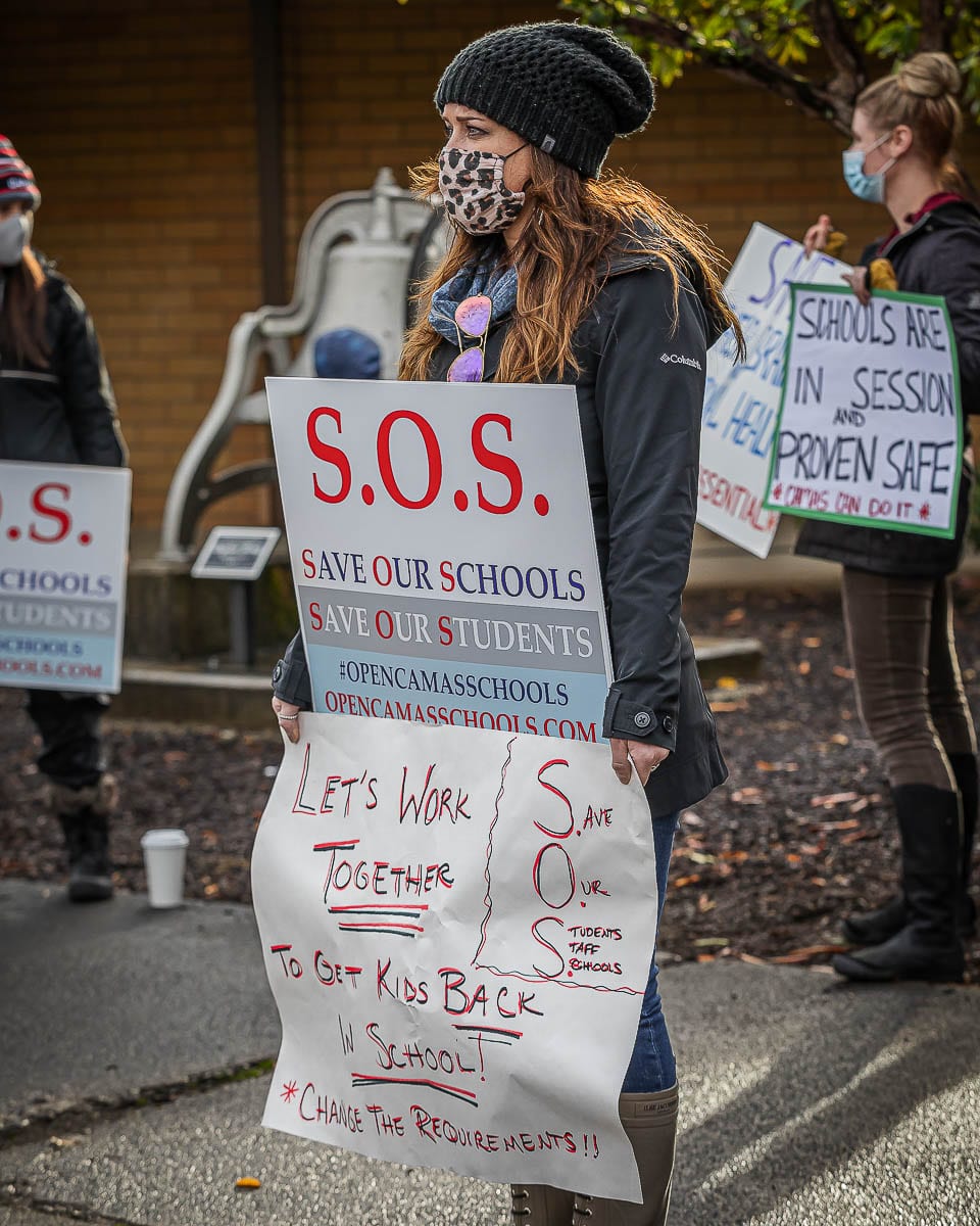 Andrea Seeley was one of many Camas residents who attended a rally Tuesday to express a desire for a move back to in-person learning for Camas students. Photo by Mike Schultz
