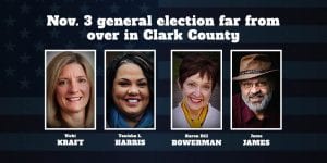 Two Clark County races in the Nov. 3 general election are too close to call as high turnout of voters leaves many ballots remaining to be counted.