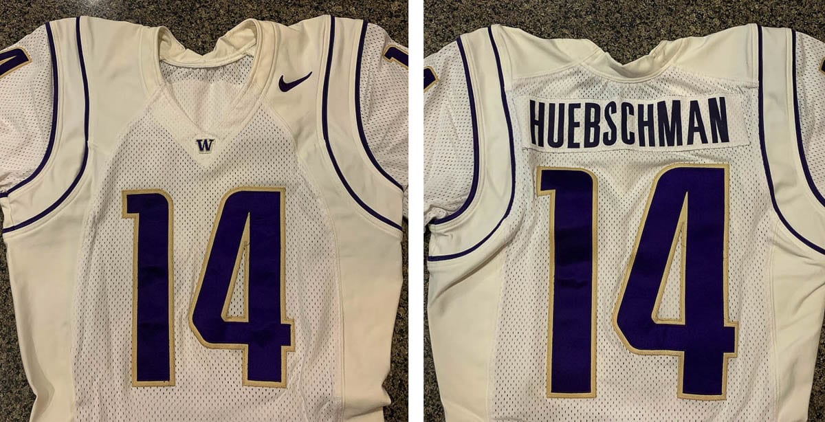 A family of Husky fans bought this used jersey back in 2005, not knowing who Ben Huebschman was, but loving the number. Now, 15 years later, the family returned the jersey to Huebschman, a 2003 graduate of Mountain View High School. Photos courtesy Ben Huebschman