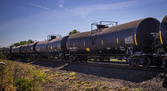 Oil trains along tracks near the Port of Vancouver. Photo by Mike Schultz