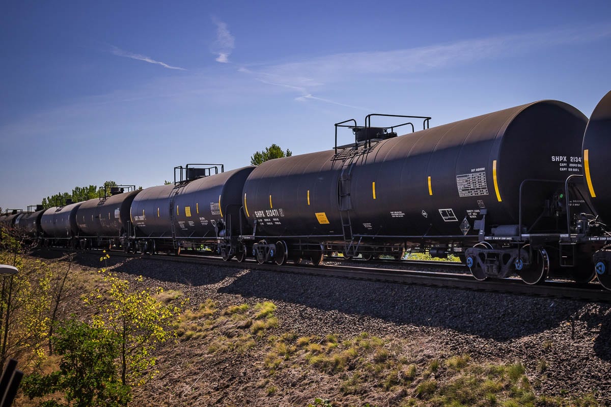 Oil trains along tracks near the Port of Vancouver. Photo by Mike Schultz