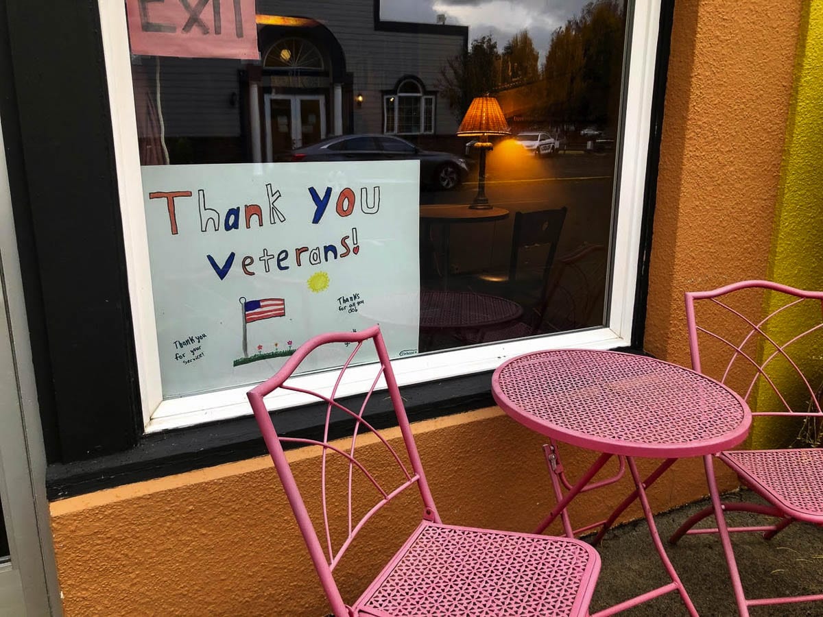 Seasons Coffee Shop in downtown Ridgefield proudly displayed a Veterans Day poster from Union Ridge Elementary. Photo courtesy of Ridgefield School District