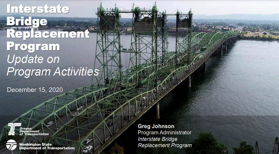 The 16 member Bi-State Bridge Committee of Oregon and Washington legislators met on Tuesday, receiving an update from project Administrator Greg Johnson. Graphic from IBRP