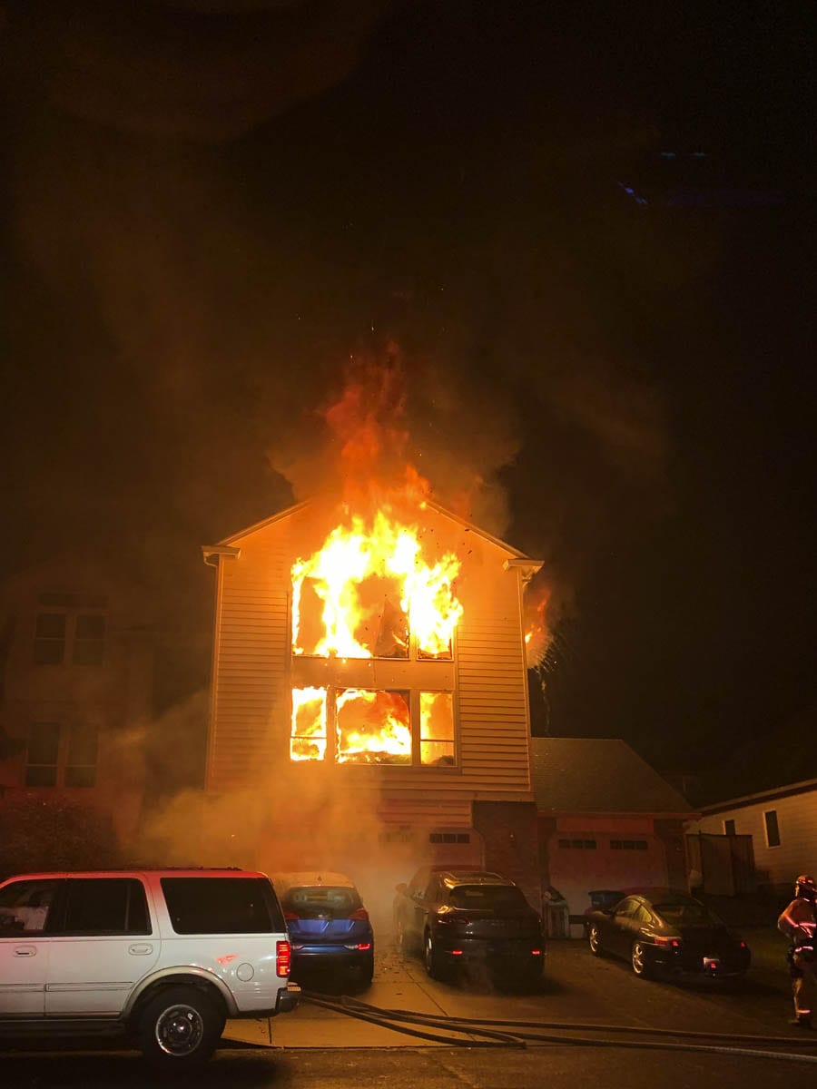 When firefighters arrived they found the three-level home was fully involved. Flames were shooting out the front of the home, and three residents and one dog had already evacuated. Photo courtesy of Clark County Fire District 6