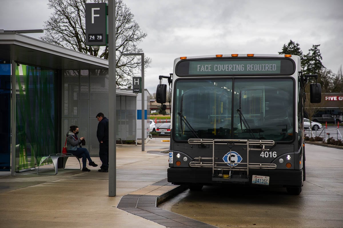 Face coverings are required on all C-TRAN buses per CDC guidelines, and the driver is also enclosed in plexiglass. Photo by Jacob Granneman