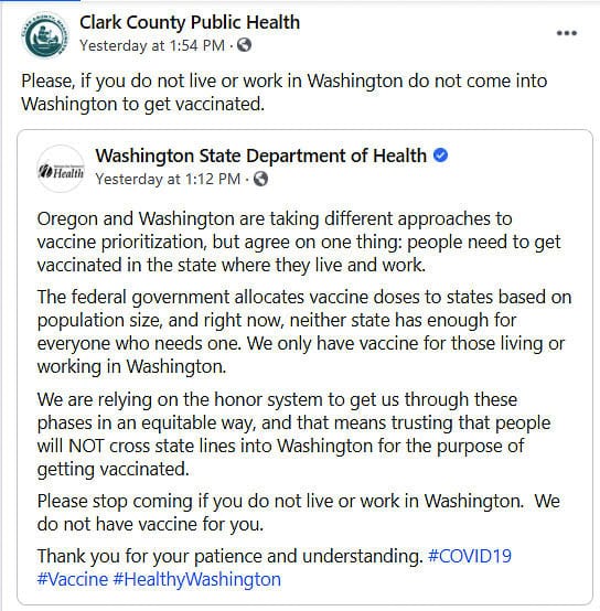 Clark County Public Health shared a statement on social media from the DOH asking Oregon citizens to stop coming if you do not live or work in Washington. Graphic DOH