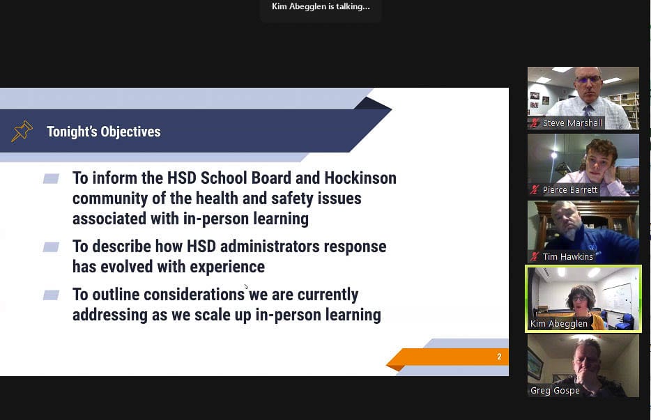 Members of the Hockinson School Board met Monday evening to consider options for reopening schools sooner. This was their second special meeting this month on the topic of beginning in-classroom instruction sooner. Graphic from Zoom meeting by John Ley
