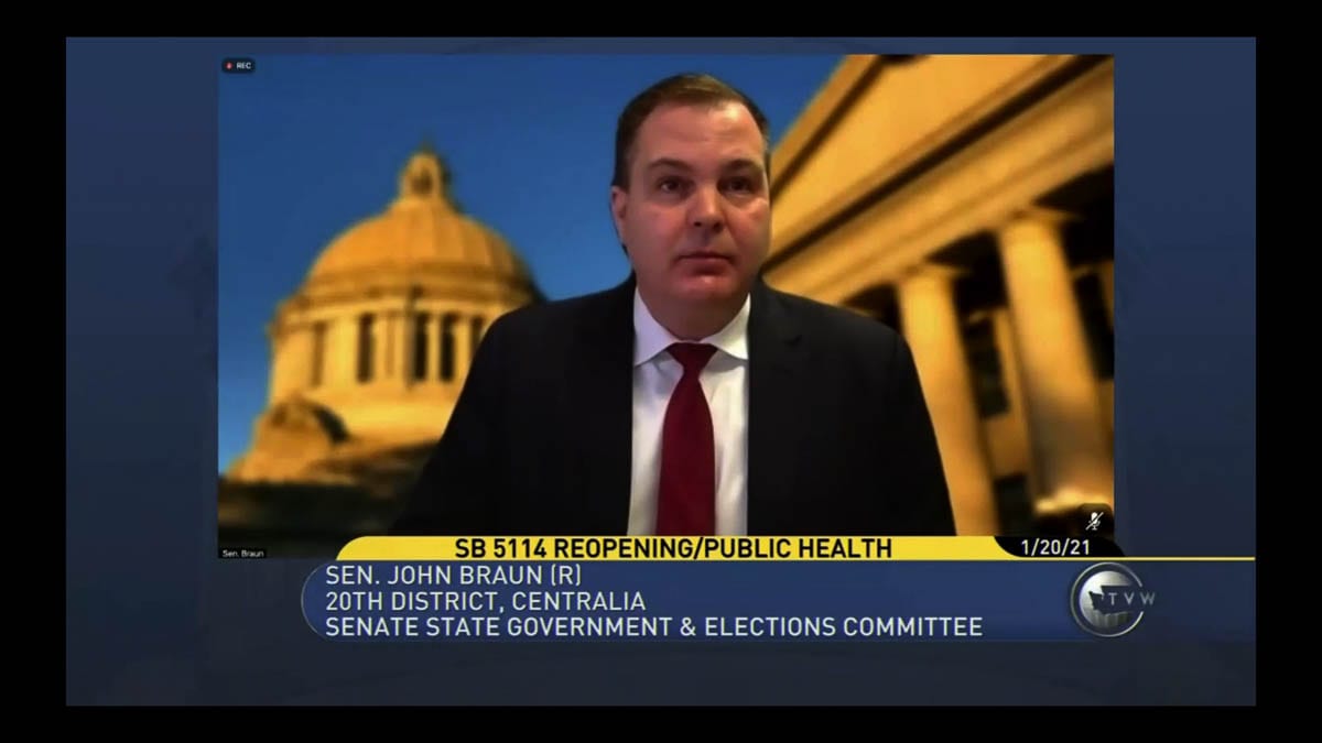 Senate Bill 5114, sponsored by Sen. John Braun of the 20th District, would immediately move the state into Phase 2, allowing some indoor dining to begin. Photo via TVW.org